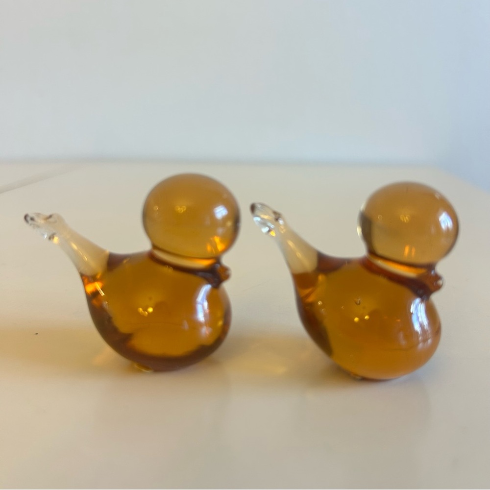 Olands Hyttan Amber Blown Art Glass Mini Birds Set of 2 Vintage Sweden